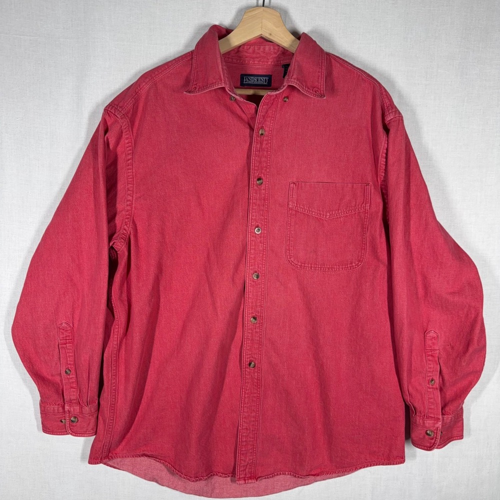 Lands End Denim Shirt Mens Large Vintage Rugged Outdoors Red Long Sleeve Y2K